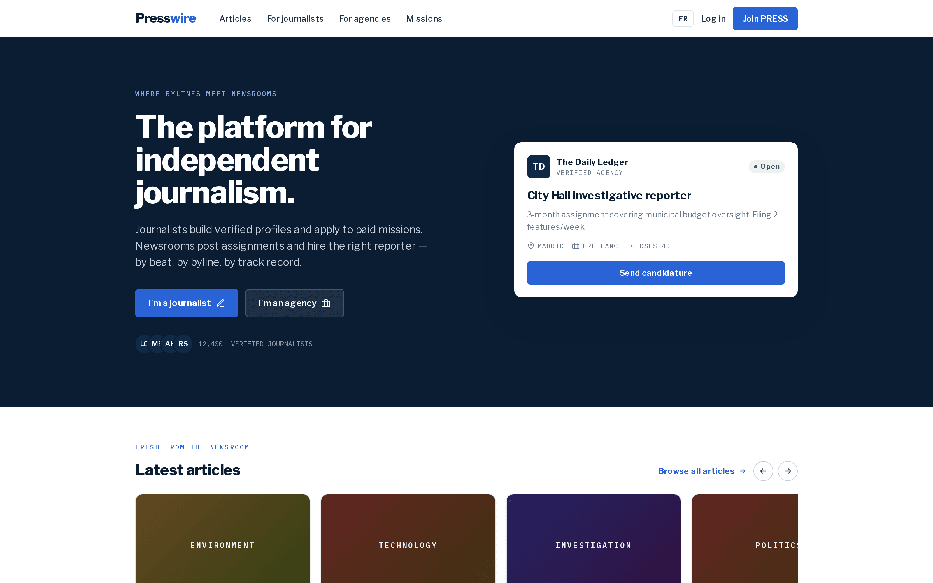 The Presswire home page — "The platform for independent journalism" over a dark navy hero, beside an open mission card.